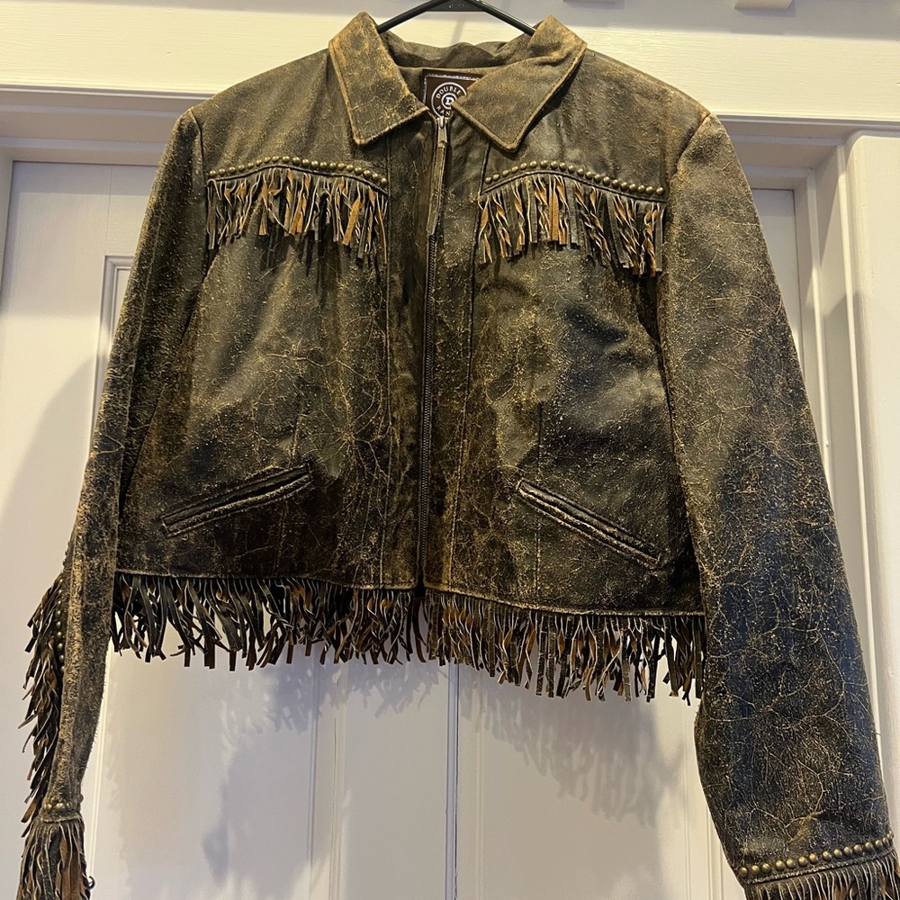 Double D Ranch Distressed Brown Leather Fringe Jacket